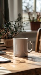 Cozy Morning Scene with White Coffee Mug and Natural Light