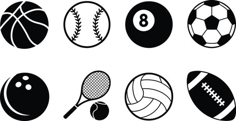 Sporting Spheres: A graphic composition, meticulously designed with precise linework, presents an array of iconic sports balls, symbolizing diverse athletic pursuits and energetic competition.