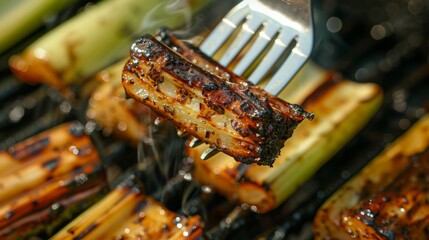 A fork piercing a grilled celery stick showcasing the caramelized exterior.