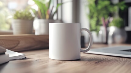 Plain White Mug on Wooden Desk with Indoor Plants and Laptop