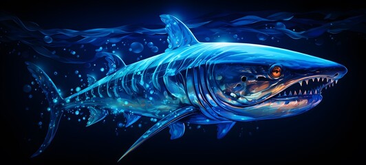 Fototapeta premium The black background contrasts sharply with the bright blue diamonds light emitted by Liopleurodon,generative AI