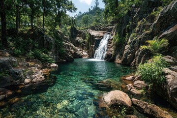 Naklejka premium Emerald pool waterfall, lush forest