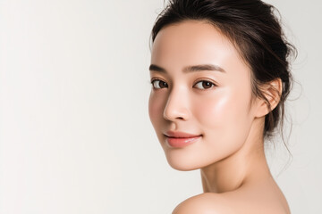 振り返る美しい女性（ポートレート・アジア人・ビューティー・白背景）