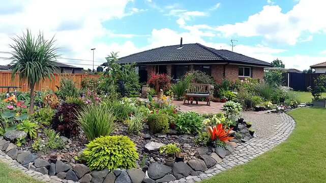 Well-maintained garden with varied plants and stonework