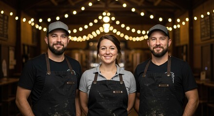 Restaurant staff portrait with string lights and aprons for local business marketing material use