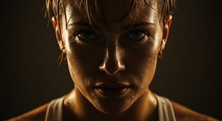 Fitness woman portrait after workout sweaty face intense look training athlete endurance challenge determination