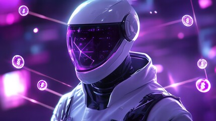 Futuristic astronaut, crypto network, purple background, digital art, website banner