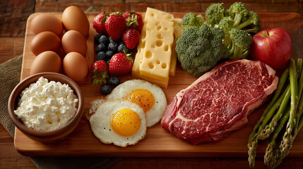 Colorful variety of fresh fruits, vegetables, dairy products, and meats arranged neatly on a wooden table, emphasizing healthy eating