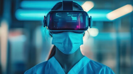 Female doctor using VR headset, hospital, futuristic medical research