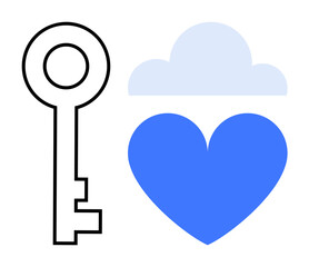 Key with cloud and blue heart communicates data security, emotional connections, and trust. Ideal for cloud storage, security, relationships, emotional tech, love, safekeeping simple landing page