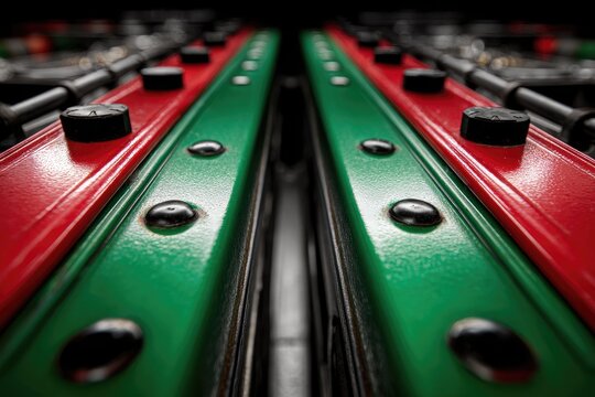 Close-up of parallel red and green metal strips with black fasteners
