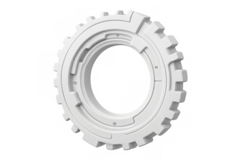 Futuristic white gear wheel rotating on transparent background, ideal for technology and engineering concepts