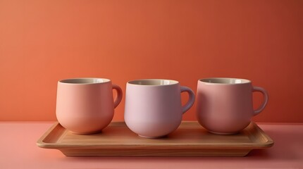 Pastel Coffee Mugs on Wooden Tray against Orange Background Still Life