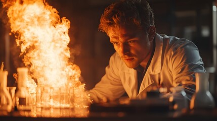 Scientist focused at lab bench, unaware of disaster background. Fire engulfs glassware, creating intense scene. Research accident, safety hazard, and scientific mishap. Experiment gone wrong.