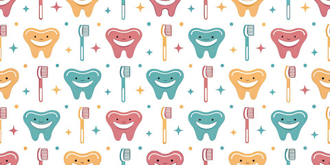Cute happy teeth and toothbrushes seamless pattern for dental care and pediatric dentistry themes