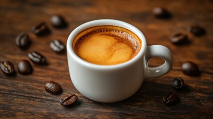 Obraz premium Espresso, crema, coffee beans, wood table, cafe, morning, drink, beverage, aroma, energy