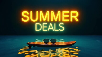 Catch amazing summer deals with this vibrant neon sign and surf inspired scene