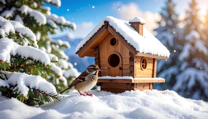 Birdhouse in snowy forest