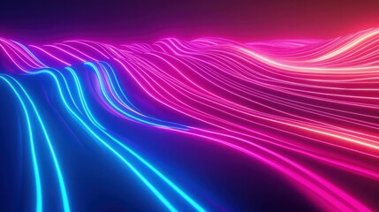 Dynamic neon wave landscape with vibrant pink and blue light trails creates an abstract futuristic background.