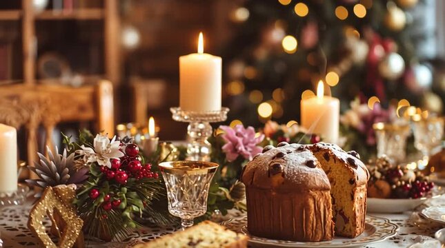 Festive christmas table setting with panettone candles and elegant glassware arrangement centered
