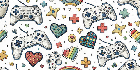 Retro gaming controllers and colorful hearts create a fun, vibrant pattern for players