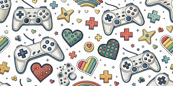 Retro gaming controllers and colorful hearts create a fun, vibrant pattern for players