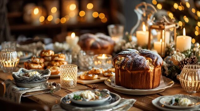 Festive table setting with challah bread candles and christmas lights for a holiday celebration