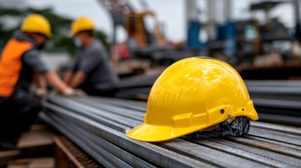 Construction safety action industrial site photography urban environment close-up view hard hat focus