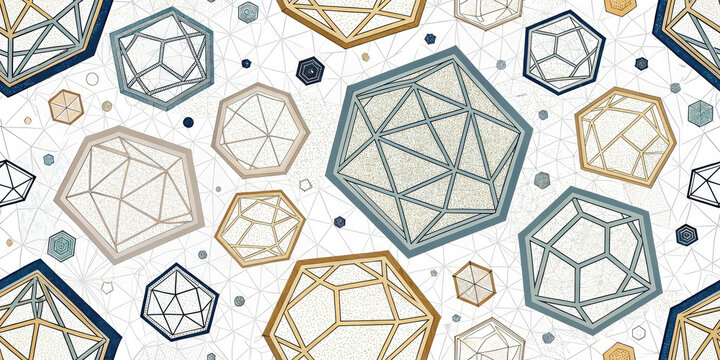 Modern geometric abstract pattern with 3D polyhedra shapes and intricate line art creating a sophisticated vibe