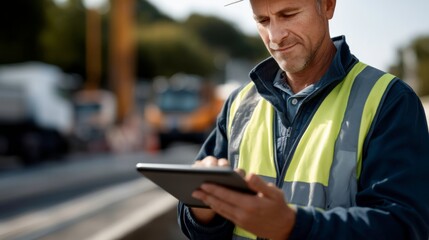 Construction worker using tablet on job site urban environment digital interaction daylight viewpoint modern work concept