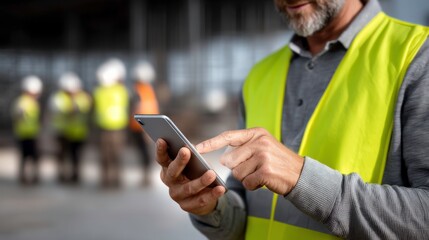 Construction worker using smartphone construction site digital communication urban environment close-up view modern technology