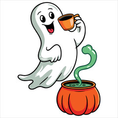 Hand drawn Halloween cute smiling ghost drinking and cooking a hot potion for treats or tricks. Charming spooky character perfect for festive designs.