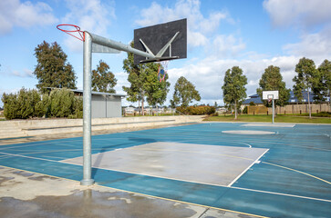 Outdoor basketball and netball court in suburban Werribee. Melbourne, Australia. A public recreational space for community sports and physical activity in a residential neighborhood.