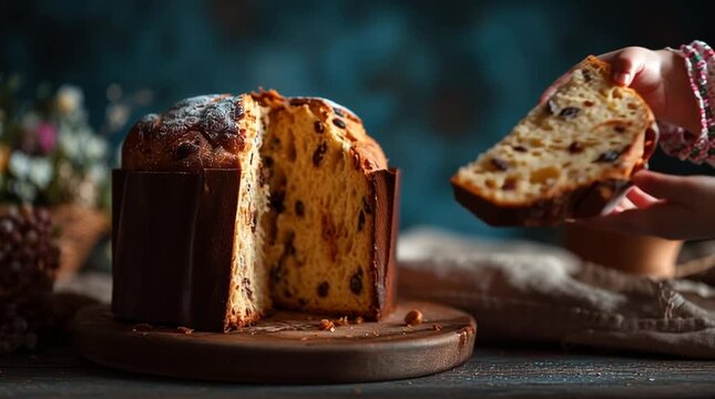 Child taking a slice of panettone from a wooden board with a whole cake and flowers in the background