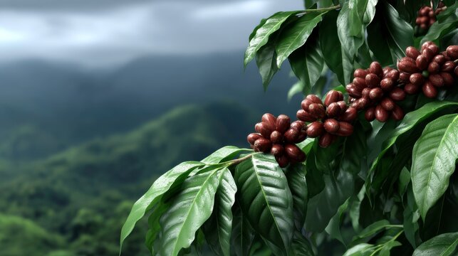 Harvesting coffee berries lush mountainous landscape nature photography tropical environment close-up view agriculture concept