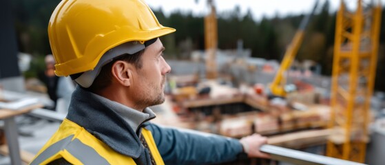 Construction worker overseeing project progress at job site urban environment portrait photography safety gear