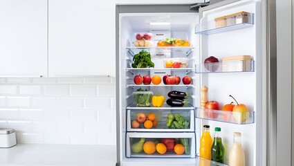 Open refrigerator filled with vibrant, fresh produce promoting healthy eating and lifestyle choices.