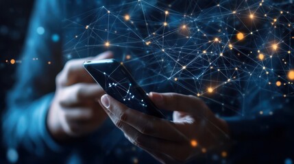Man holding smartphone interacting with glowing digital network, futuristic connection concept