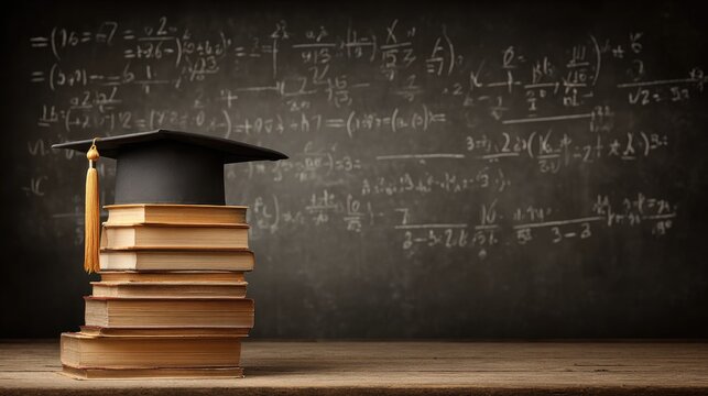Graduation cap atop a stack of books in front of a chalkboard covered in mathematical equations.