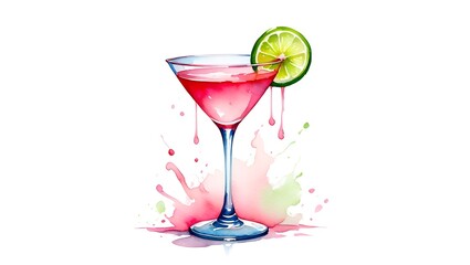 Elegant pink cocktail in a stemmed glass adorned with a lime slice, watercolor illustration style.