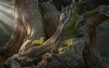 Ancient gnarled tree trunk with fern and sunbeams bark texture