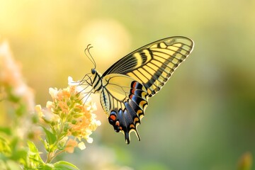Vibrant yellow butterfly with black stripes sips nectar from a delicate flower bathed in golden sunlight.