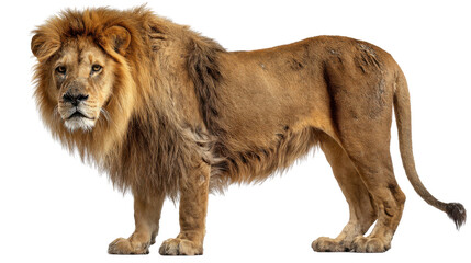 Obraz premium Majestic Lion Portrait: A powerful male lion, boasting a full mane, stands in striking pose, exuding confidence. Captured with a sharp focus, it's a tribute to the king of the animal kingdom.