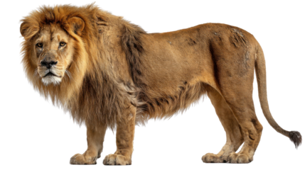 Majestic Lion Portrait: A powerful male lion, boasting a full mane, stands in striking pose, exuding confidence. Captured with a sharp focus, it's a tribute to the king of the animal kingdom.