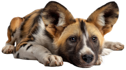 African Wild Dog: A stunning African wild dog, with its mottled coat and alert gaze, rests in a moment of tranquility, showcasing the beauty and unique patterns of this fascinating animal.