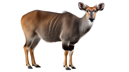 Elegant Nyala in Focus: This studio shot captures a poised Nyala, a beautiful antelope native to southern Africa. Observe the creature's striking coat, graceful posture, and alert gaze.
