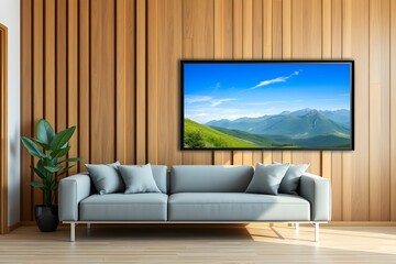 Modern Living Room with Smart TV and Scenic Wall Display &ndash; Stylish Interior Design.

