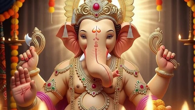 Ganpati Bappa Idol with Divine Glow and Traditional Jewelry Holding Spiritual Objects Surrounded by Celestial Light and Sacred Vibes in Festive Background, Ganesh ... See More