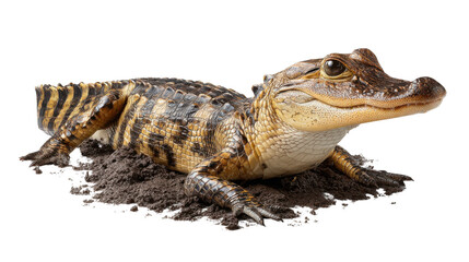 Naklejka premium Young Alligator in mud: A detailed image showcases a young alligator, its textured skin and unique features are illuminated, posing on a mound of earthy mud. Witness nature's intriguing charm.