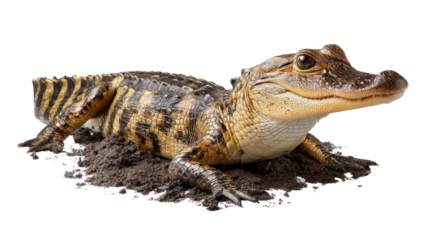Young Alligator in mud: A detailed image showcases a young alligator, its textured skin and unique features are illuminated, posing on a mound of earthy mud. Witness nature's intriguing charm.